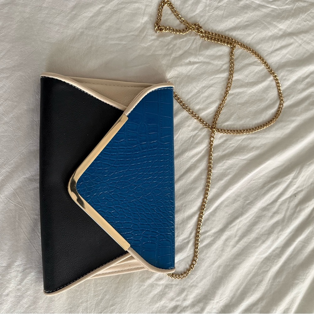 Elegant Black and Blue Clutch with Gold Chain